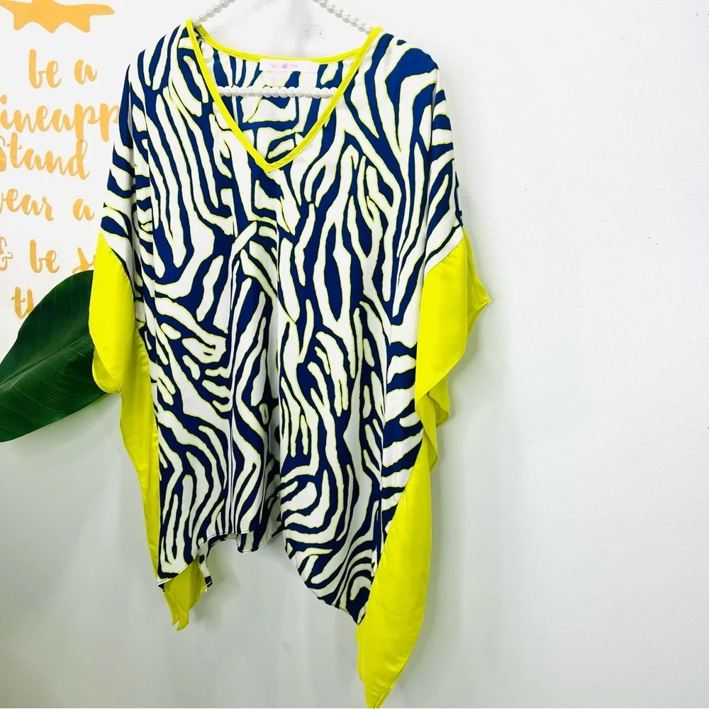 ALICE & TRIXIE Silk Neon Yellow Blue Short Sleeve Tunic Blouse Top Size … - Picture 3 of 11